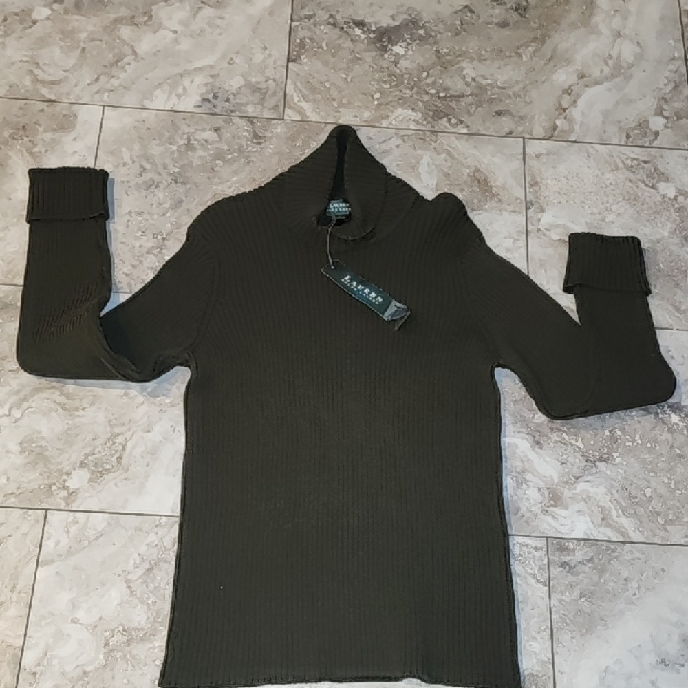 RALPH LAUREN NWT OLIVE 100% COTTON ROLL DOWN SPLIT COLLAR ROLL SLEEVE SWEATER
